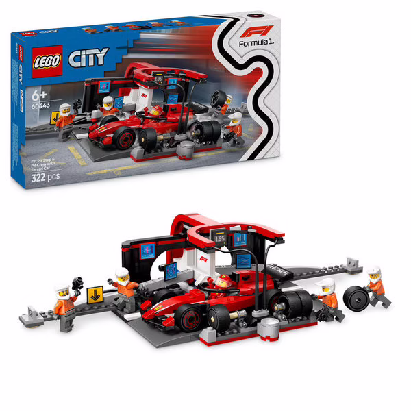 LEGO VILLE - ARRET AU STAND DE F1 ET EQUIPE DE RAVITAILLEMENT AVEC VOITURE FERRARI